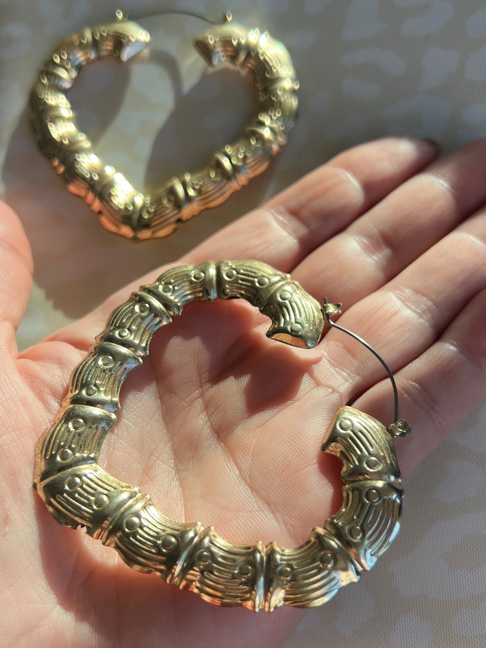 Gold Textured Bamboo-Style Hoop Earrings - Women Jewelry - Picture 7 of 11